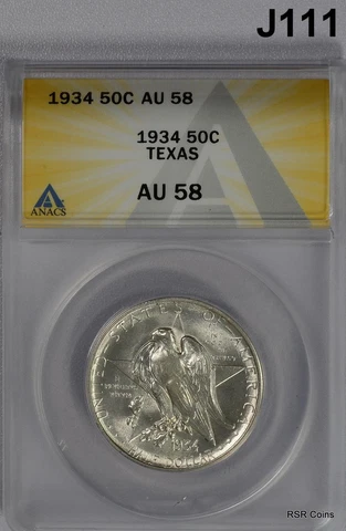 1934 TEXAS REMEMBER THE ALAMO COMMEMORATIVE HALF ANACS CERTIFIED AU58 #J111 Cover