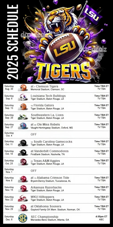 LSU Tigers Football 2025 Schedule GLOSSY DECAL 4" x 8" - Image 1 of 1