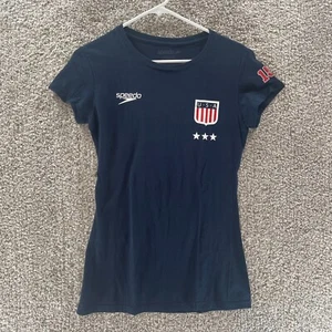 USA Swimming Shirt Womens Large Blue Kate Ziegler Cotton Casual Logo Crew Speedo - Picture 1 of 13