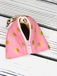 Triangle Coin Purse/Pacifier/ Earbuds/ Lobster Clasp/ Pink/ rose gold polka dot - Picture 1 of 3