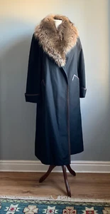 AQUASCUTUM RAIN COAT 14 16 real fur collar MAC AQUA5 vintage duster long borg - Picture 1 of 24