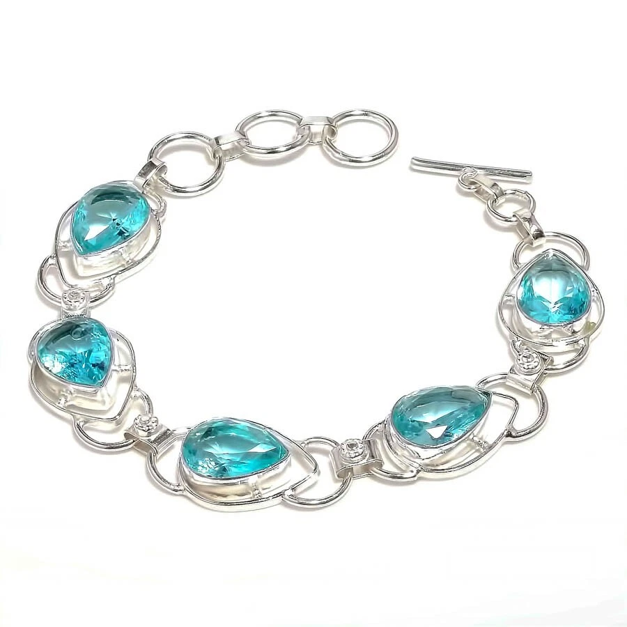 Brazalete de joyería de plata de ley 925 hecho a mano con piedras preciosas de topacio azul tamaño 7-8" Foto 1 de 1