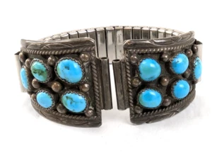 Navajo Signed DS Dorothy Secatero Men Watch Tips 925 Sterling Silver Turquoise - Picture 1 of 11