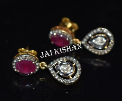 Rubino Gemma Polki Pavè Diamante 925 Argento Sterling Graziosa Vittoriano Parure - Immagine 1 di 4