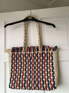 Navy And Red Straw Coloured Holiday Summer Shoulder Beach Bag. - Picture 1 of 3