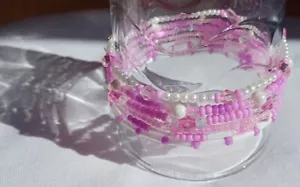 Set of 6 pink & white beaded stretchy friendship bracelets, socially distant hug - Picture 1 of 5