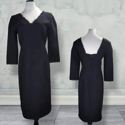 Lafayette 148 Lace Trim Midi Career  Cocktail Dress Size 6 Black Wool 3/4 Sleeve - Image 1 of 4