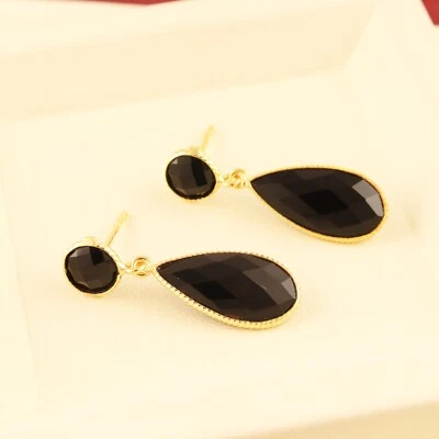 Unique Collection Black Onyx Gold Plated Drop Hook Earrings Gift For Women - Image 1 of 2