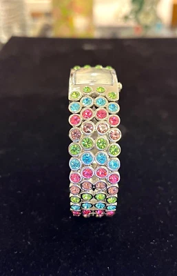 Gruen Womens Watch Wristwatch Cuff Bracelet Multicolor Crystals Mother of Pearl - Image 1 of 4