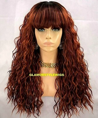 PERUCA COMPLETA LONGA EM CAMADAS ENCARACOLADA COM FRANJA OMBRE PRETO COBRE BORGONHA MISTURA CALOR OK - Imagem 1 de 4