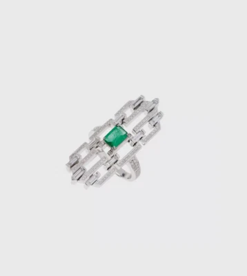 Handmade Geometric Design Light Deep Emerald & Shiny White CZ Late Art Deco Ring - Image 1 of 2
