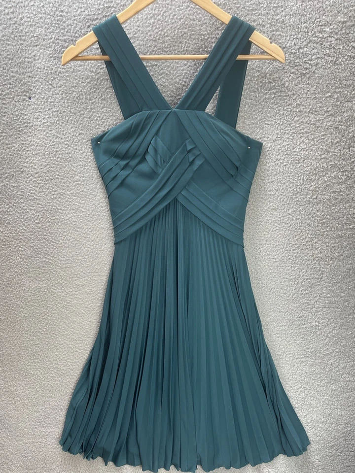 Vestido para mujer Max and Cleo talla 8 halter midi largo cruzado halter pliegues verde azulado Foto 1 de 4