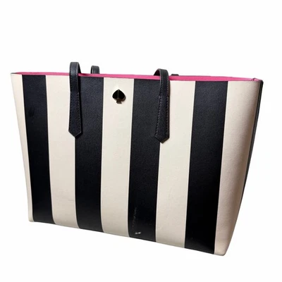 Bolso de Mano Kate Spade Molly Grande Negro Blanco Rayas con Interior Rosa Foto 1 de 4