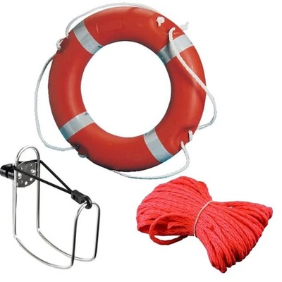 BOOTSKISTE SOLAS Rettungsring + 30 Meter Wurfleine + Halterung Rettungsreifen Schwimmring