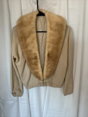 Cárdigan crema cachemir vintage años 60 con cuello chal de piel de visón extraíble Foto 1 de 4