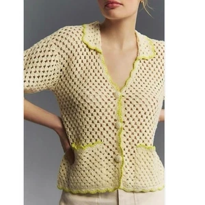ANTHROPOLOGIE GREYLIN Jersey de polo de cárdigan con entrepiernas con escobas Neón verde XS - Imagen 1 de 7