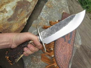 AK CUTLERY HANDMADE STAINLESS STEEL BOWIE KNIFE HANDLE STEEL CLIP AND STAG CROWN - Picture 1 of 6