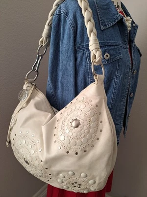 Coach Cream Studded Sunburst Leather Hobo With Silver Hardware - Image 1 of 4
