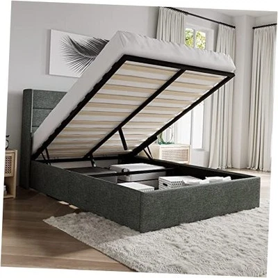  Size Lift Up Storage Bed/Wingback Headboard/Upholstered Queen Dark Grey Modern Foto 1 de 4