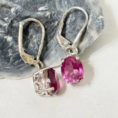 925 Sterling Pink Topaz Tourmaline ? Earrings Lever Back Drop Dangle Dainty - Image 1 of 4
