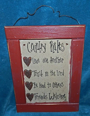 AWESOME PRIMITIVE DISTRESSED FRAMED WOOD SIGN! COUNTRY RULES 3D HEARTS - Image 1 of 4