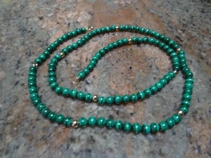 14k Yellow Gold 4mm Beads & 5mm Malacite Gemstone Necklace 29" - Picture 1 of 2