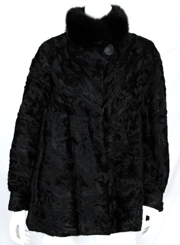 Cappotto corto FENDI vintage nero Astrakhan pelliccia di agnello collo in piedi 46