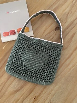 Crochet Bag Handmade Bag Shoulder Bag Heart Valentines Grey Pink - image 1 of 4