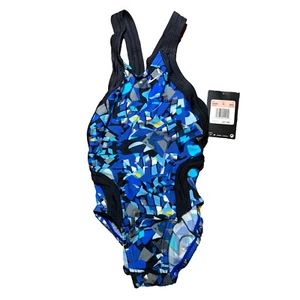 NWT Nike Size 20 Girls 5 One Piece Swimsuit Geometric Pattern Blue Black Silver - Picture 1 of 2