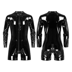 Men Wet Look Leather Jumpsuit Romper Mock Neck Zip Long Sleeve Bodysuit Clubwear - Picture 1 of 21