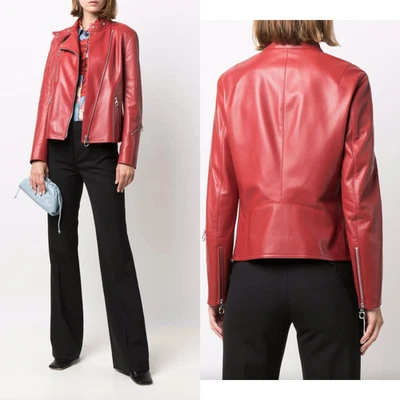 $4500 Salvatore Ferragamo Chaqueta Moto Cuero Rojo Cremallera Talla IT 40/4 Foto 1 de 4