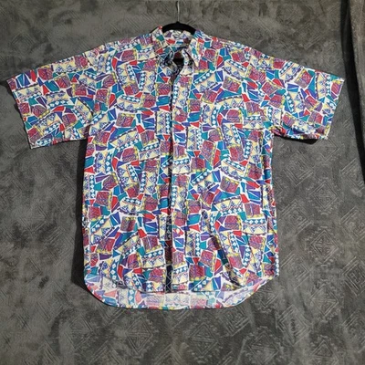 Vtg Bugle Boy Abstract Geometric Button Down Shirt Men’s Med 80s 90s Teal Purple - Image 1 of 4