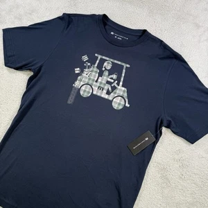 Travis Mathew T-Shirt Mens Medium Navy Candy Cane Golf Cart Christmas Plaid Beer - Picture 1 of 10