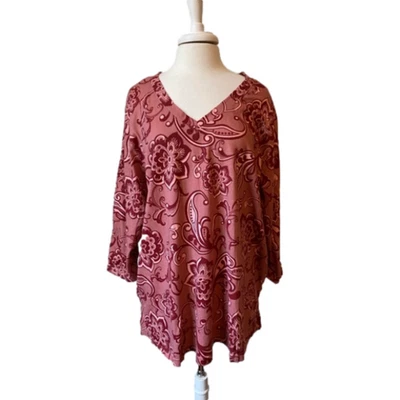 NWOT Boho Rust Floral V Neck 3/4 Sleeve Comfy Cotton Tunic Top 2X - Image 1 of 4
