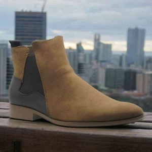 Men's Suede Chelsea Ankle High Dress Boots, Western Moto Riding Boot with Zipper - Picture 1 of 22