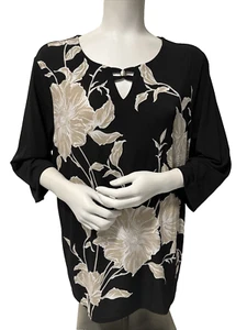 Chico's Women's  Black Floral Print Round Keyhole Neck 3/4 Sleeve Top Sz 3 - Picture 1 of 11