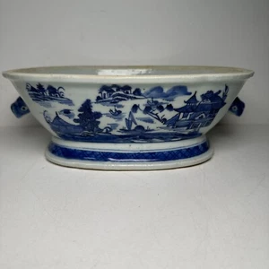 Chinese Canton Blue White Porcelain Tureen W/ Boar Heads 19th Century Oval Dish - Picture 1 of 23