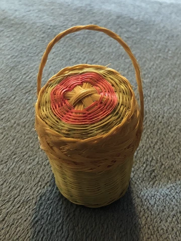C1960 Basket Doll House Toy Woven Wheat Grass Green Pink Handle Miniature VGC Cover