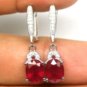 Heated 7 x 9 mm. Red Ruby & Cubic Zirconia Earrings 925 Sterling Silver - Picture 1 of 4