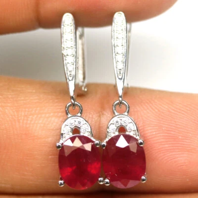 Heated 7 x 9 mm. Red Ruby & Cubic Zirconia Earrings 925 Sterling Silver - Image 1 of 4