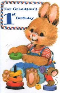 Cute 1ST BIRTHDAY Card FOR GRANDSON, Rabbit Mouse Play by Gallant Greetings +✉ - Picture 1 of 4