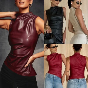 Sexy Womens Ruched PU Leather Vest Tanks Tops Sleeveless Shirts Tee Tunic Cami - Picture 1 of 22