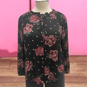 Women's Floral Polka Dot 2X Boho Blouse Long Sleeve Button-Front Chic Versatile - Picture 1 of 7