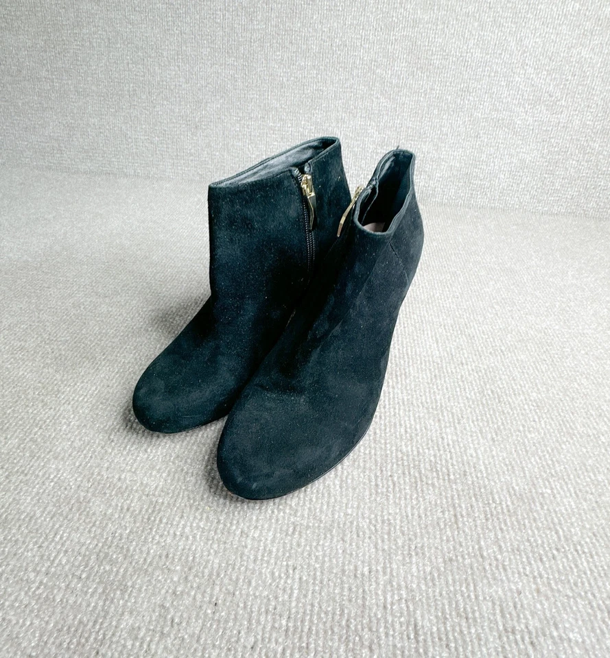 kate spade Cirra Boots Womens 6.5 Black Suede booties Gold Studded Block Heels - Image 1 of 4