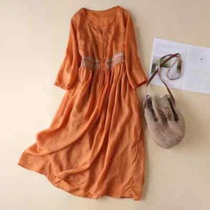 Spring Summer Women Dress Ethnic Style Embroidery Round Neck Long Sleeve Lady - Picture 1 of 26