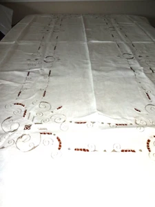 Antique Maderia 100% Linen natural in color Wonderful hand needlework 68" x 108" - Picture 1 of 8