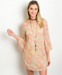 PEPPERMINT Taupe Floral Bell Sleeve Summer Beach Dress, Made in USA - S, M, L - Picture 1 of 2