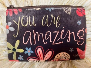 'You Are Amazing' Brown Floral Print Boho 4x6 Zip Makeup Cosmetic Bag Pink Green - Bild 1 von 6