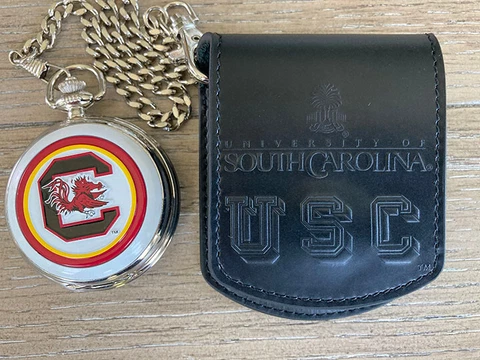 Danbury Mint NCAA South Carolina Pocket Watch w/ Chain and Leather Belt Pouch Cover
