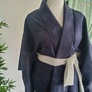 Indigo Cocoon WEIT LANG Tsumugi Pongee handgewebt Vintage Seide Kimono Morgenmantel - Bild 1 von 9